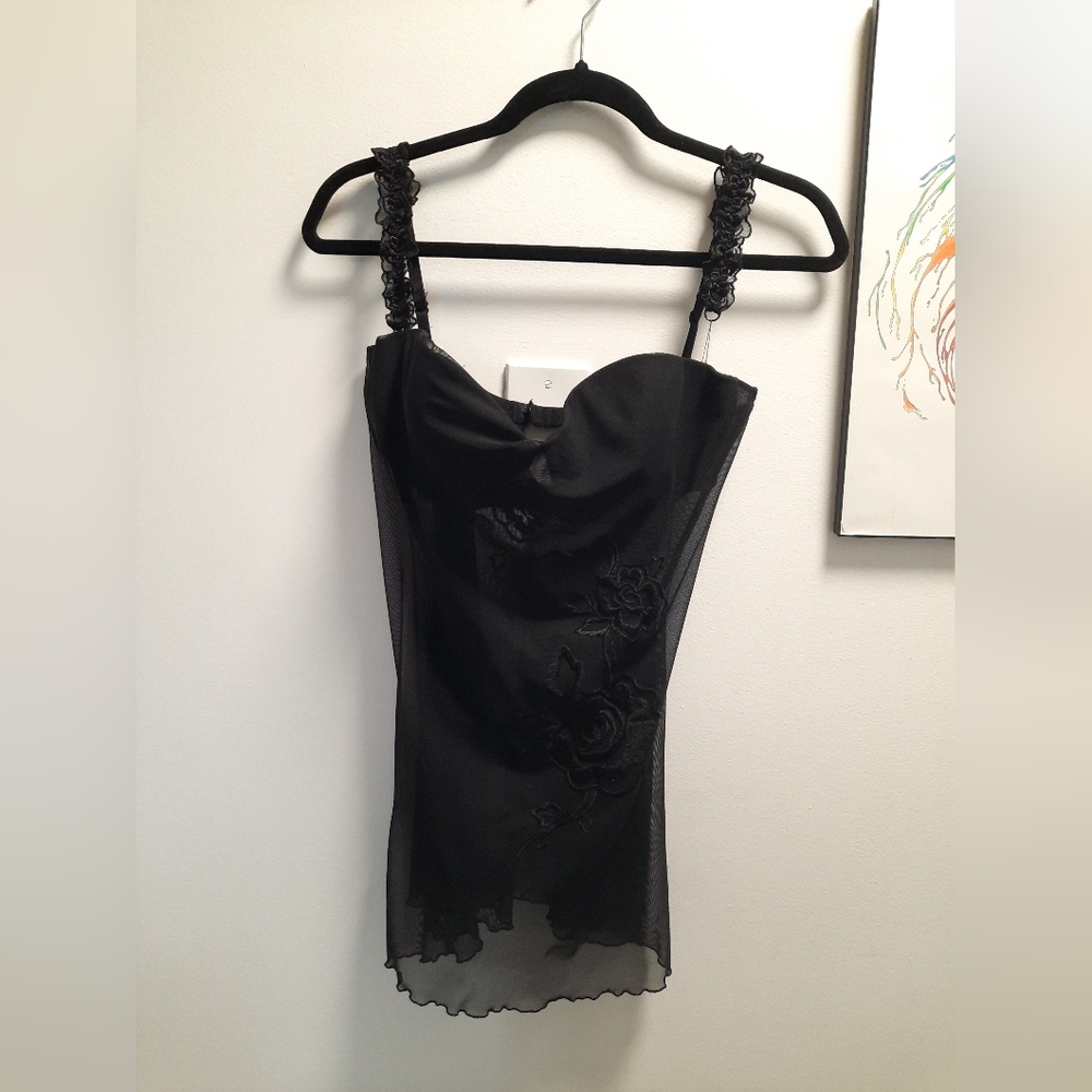 Sheer black mesh babydoll with black embroidered flowers